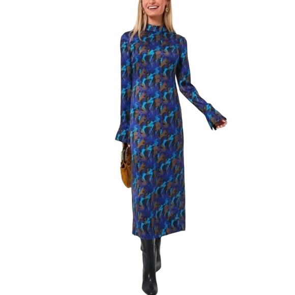 NEW STAUD Thicket Sapphire Sirens Long Sleeve Printed Satin Midi Dress 10 - Picture 1 of 10